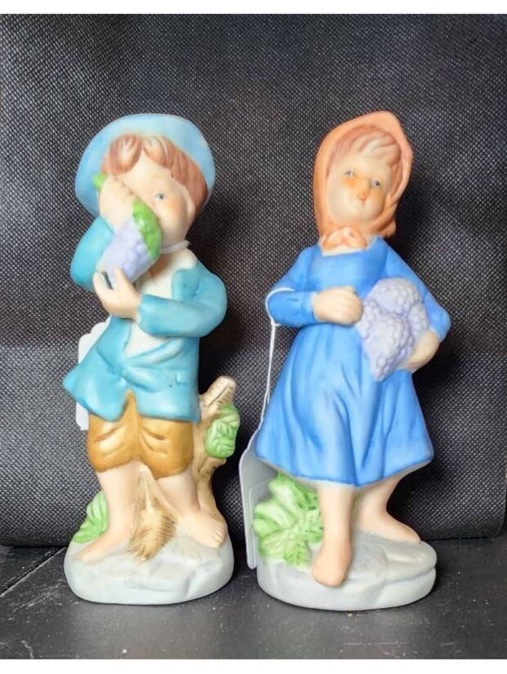 Set of TWO Vintage Porcelain Ceramic Figurines with Grapes Boy & Girl Cottage